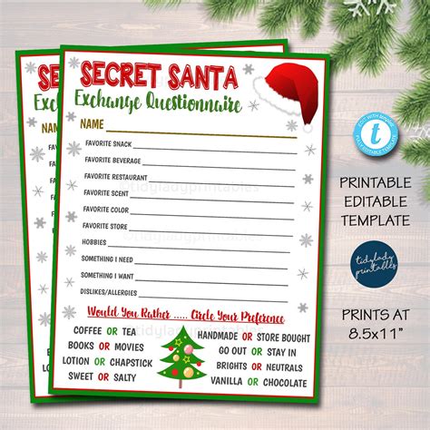 Secret Santa T Exchange Printable Editable Template — Tidylady