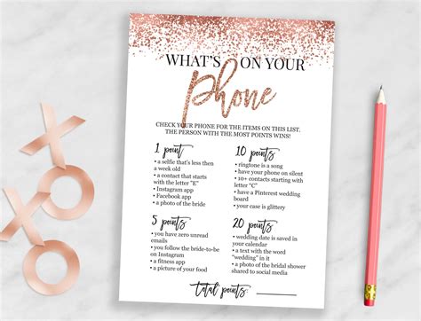 Whats On Your Phone Bridal Shower Game Rose Gold Bachelorette Etsy
