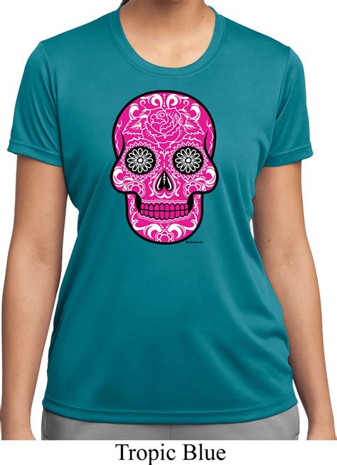 Ladies Pink Sugar Skull Dry Wicking T Shirt Pink Sugar Skull Ladies Shirts