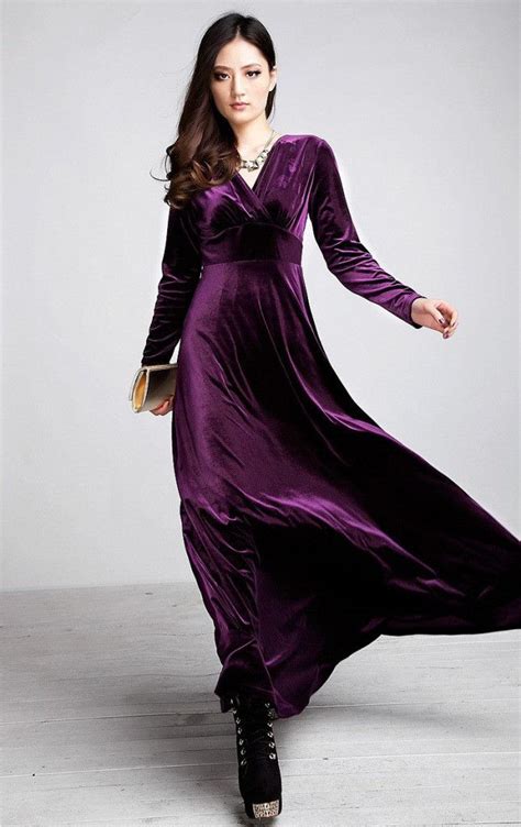 Purple Long Sleeve Velvet Maxi Dress Purple Dresses Gold Velvet