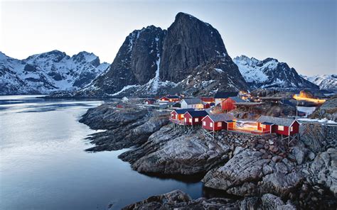 Download Wallpaper 2560x1600 Town Coast Mountains Norway Dual Wide