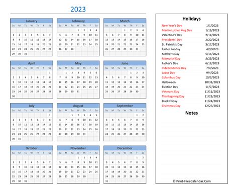 Printable 2023 Calendar With Holidays And Notes