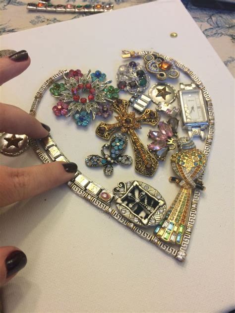 Diy Jeweled Heart On Canvas Vintage Jewelry Art Costume Jewelry