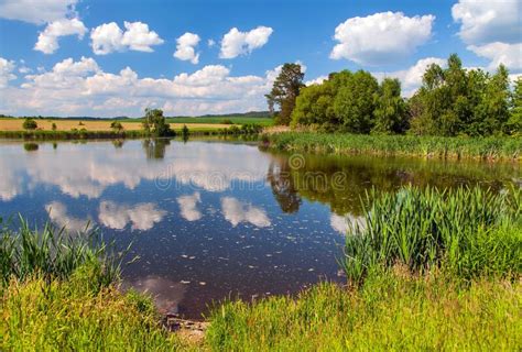 Beautiful View Of Pond Clouds Mirroring In Lake Stock Image Image Of