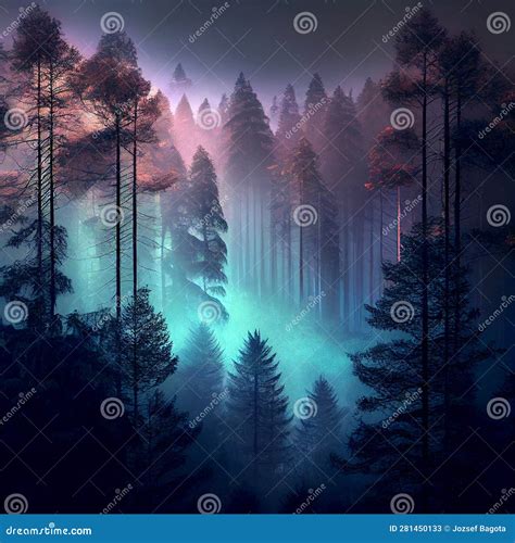 Pine Forest With Fog Cinematic Dark Light Beautiful Blue And Purple