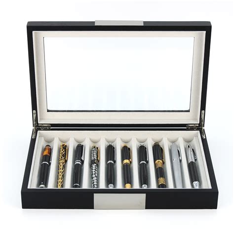 Personalized 10 Piece Black Wood Fountain Pen Box Storage Glass Display