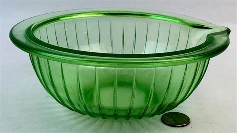 lot vintage depression green uranium glass ribbed batter bowl with pour spout mixing bowl