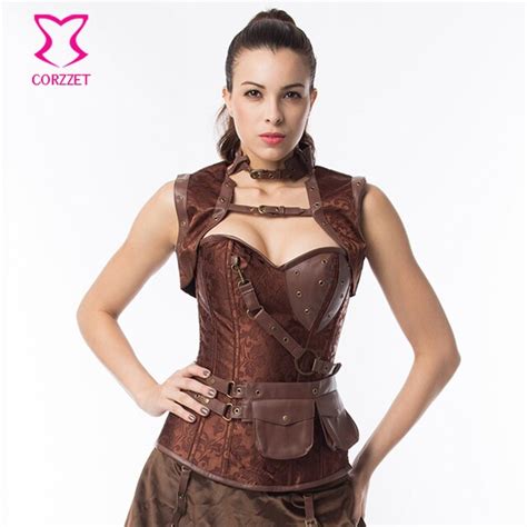 Latex Sexy Steel Boned Brown Vintage Steampunk Corset Corselet Top Women Gothic Overbust