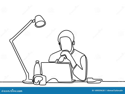 One Line Drawing Of Man Working With Laptop Computer Behind Desk Young