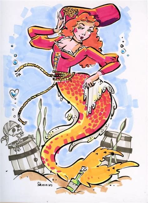 Original Drawing We Wants The Redhead Mermaid 9 X 12 Brush Pen And Copic Marker On Bristol Ships