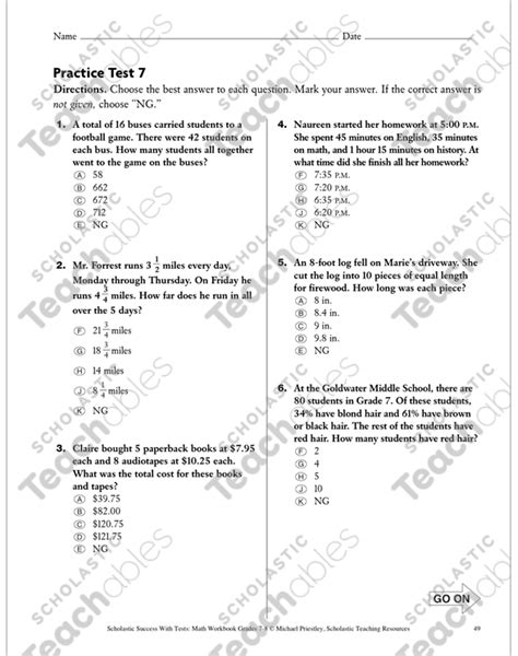 Problem Solving Practice Test 7 Math Skills Grade 7 8 By