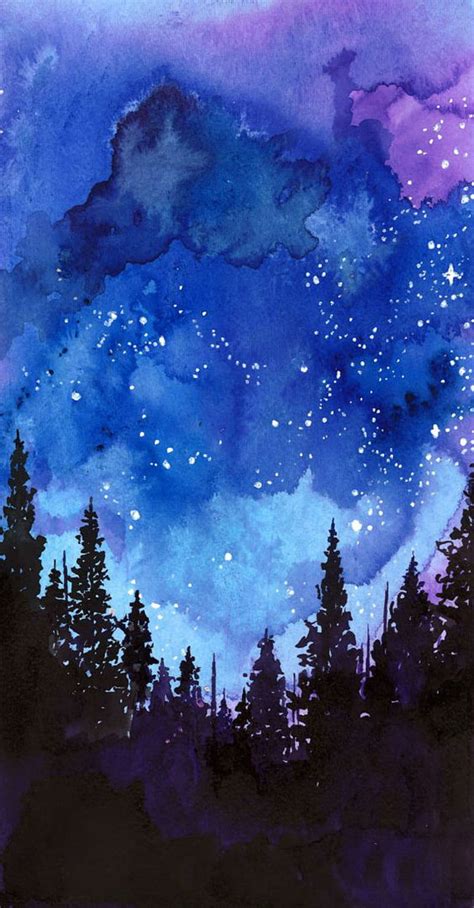 Watercolor Night Art Forest Dark Sky Stars Trees Space Galaxy
