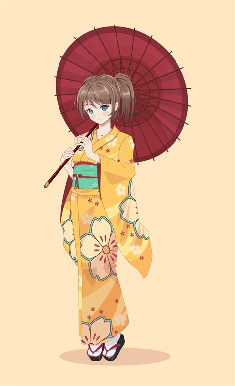 Anime Manga Girls In Traditional Japanese Kimono Costume Holding Paper Umbrella Vector