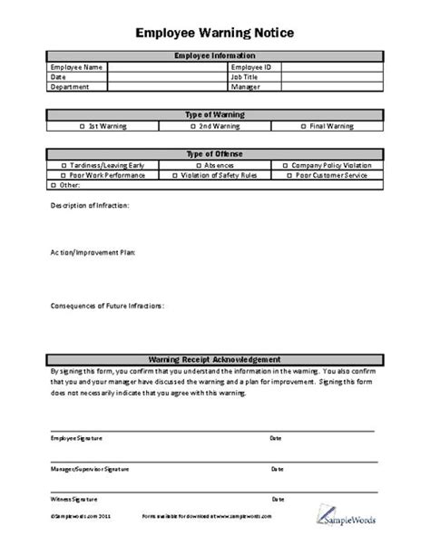 Free Printable Employee Warning Notice Form Printable Forms Free Online