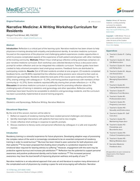 Pdf Narrative Medicine A Writing Workshop Curriculum For Residents
