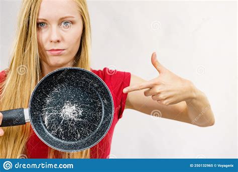 Girl Holding Scratched Frying Pan Stock Image Image Of Kitchen Used