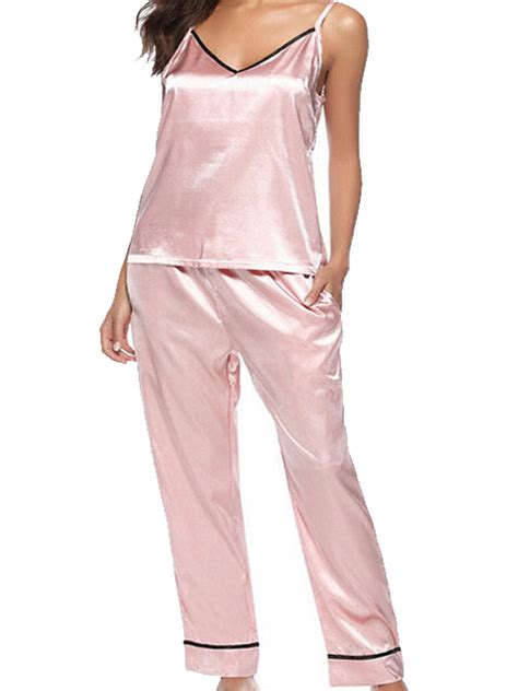 2pcs Women Lady Silk Satin Pajamas Set Pyjama Sleepwear Loungewear