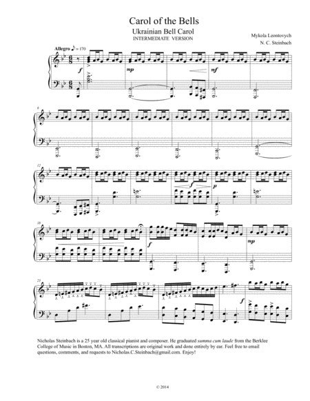 Ukrainian bell carol free sheet music for your beginning. Download Carol Of The Bells - Intermediate Piano Sheet Music By Mykola Leontovych - Sheet Music Plus