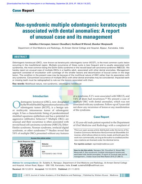Pdf Non Syndromic Multiple Odontogenic Keratocysts Associated With
