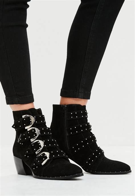 Black Studded Strap Ankle Boots Boots Ankle Boots Faux Suede Boots