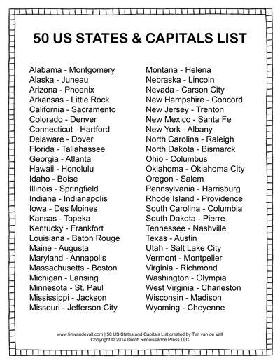 Printable States And Capitals List Social Studies Study Guides Tim