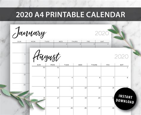 2021 Printable Calendar A4 12 Month Calendar Wall Art 7 Etsy