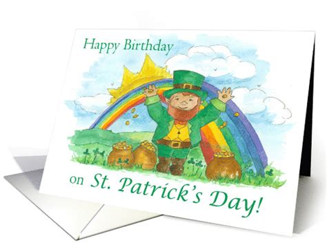 Happy Birthday On St Patricks Day Leprechaun Rainbow Card 1231456