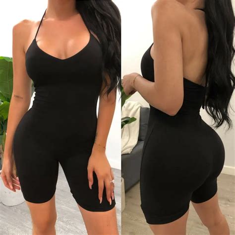 women yoga jumpsuit casual fitness workout gym sports suit sleeveless v neck halter bodycon