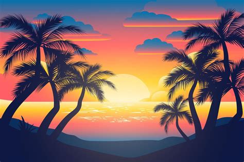 Illustration Of Sunset View In Beach With Palm Tree Stock Vector My