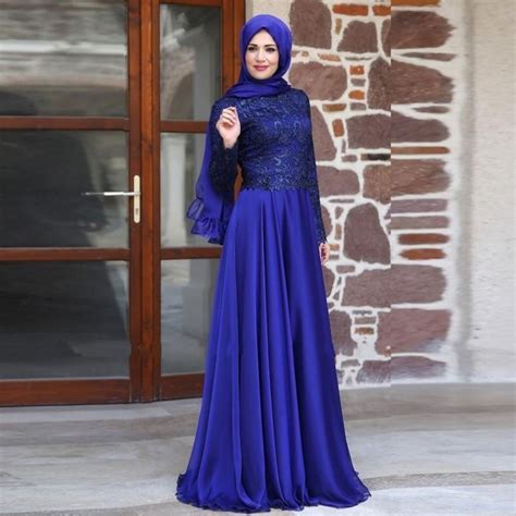 Blue Arabic Dresses Long Sleeves Lace Jewel Chiffon Muslim Evening
