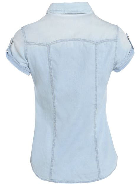 Womens Embellished Collar Denim Shirt Light Blue Jean Shirts Size 10 12