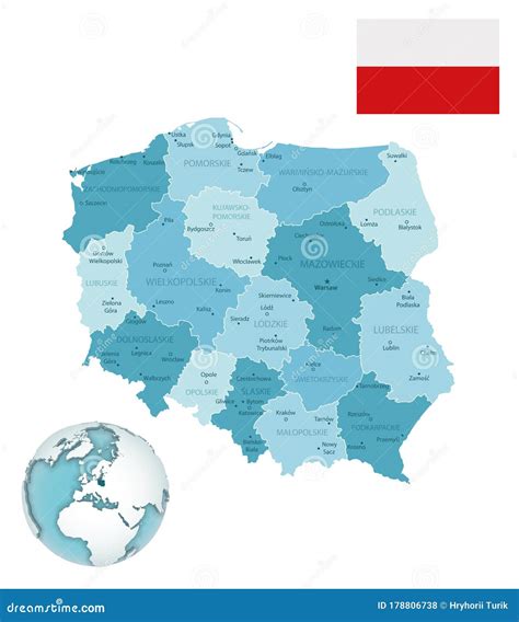 Mapa Azul Administrativo De Polonia Con Bandera Del País Y Ubicación En
