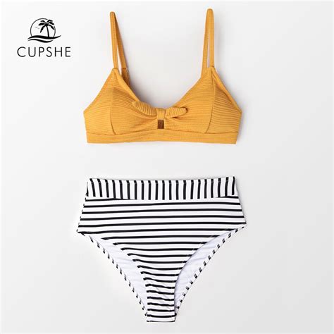 Cupshe Knotted Yellow Bikini With Striped High Waist Bottom Women Boho