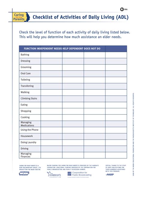 Checklist Of Activities Of Daily Living Adl Pbs Printable Pdf Download