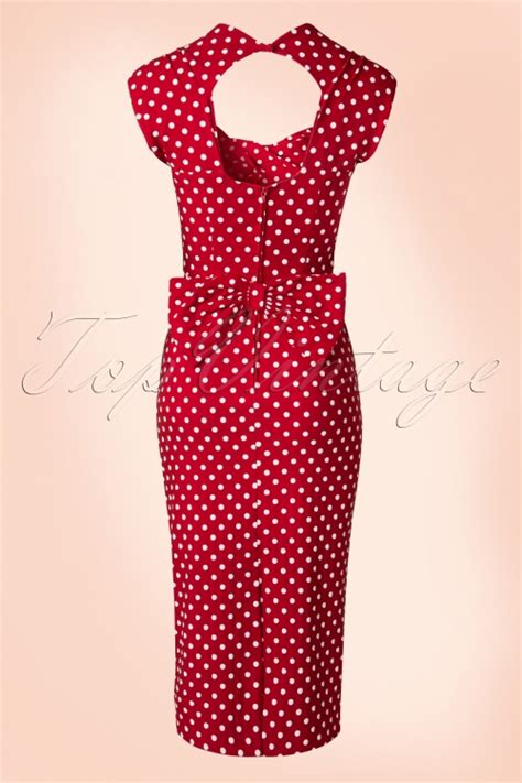 50s Love Polkadot Bow Pencil Dress In Red