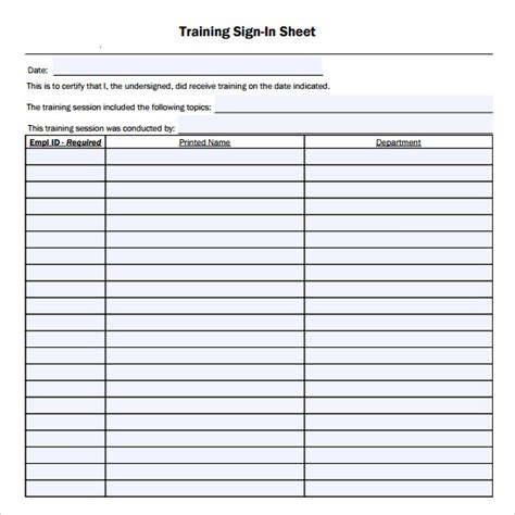 Training Sign Up Sheet Template