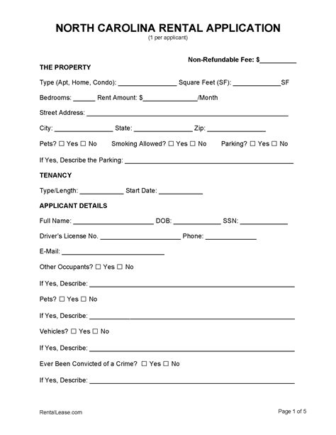 Free North Carolina Rental Application Template PDF Word