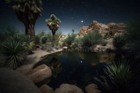 Desert Oasis With Moon And Stars In The Night Sky Stock Image Image