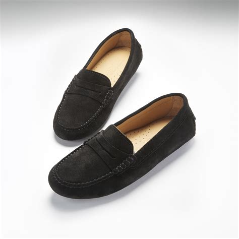 Womens Penny Driving Loafers Black Suede Hugs And Co