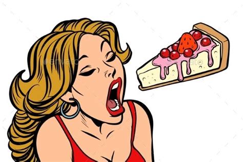 Woman Eating Cake Sweet Dessert Pop Art Retro Vector Illustration