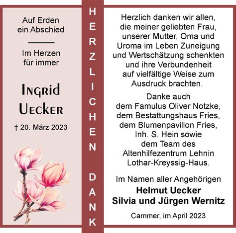Traueranzeigen Von Ingrid Uecker Märkische Onlinezeitung Trauerportal