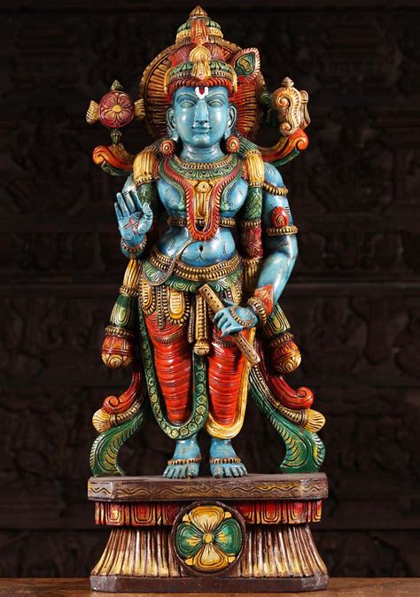 Sold Blue Standing Wood Krishna Holding Flute 36 98w9bg Hindu Gods