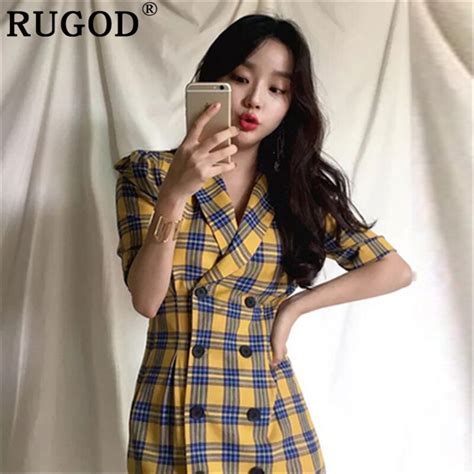 Rugod Korean Plaid Tunic Women Dress Fashion Chic Double Breasted A Line Mini Dress Office