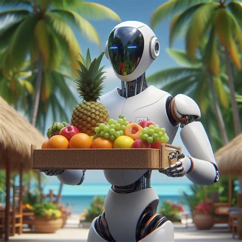 Premium Photo Robot Carrying Tray With Tropical Fruits