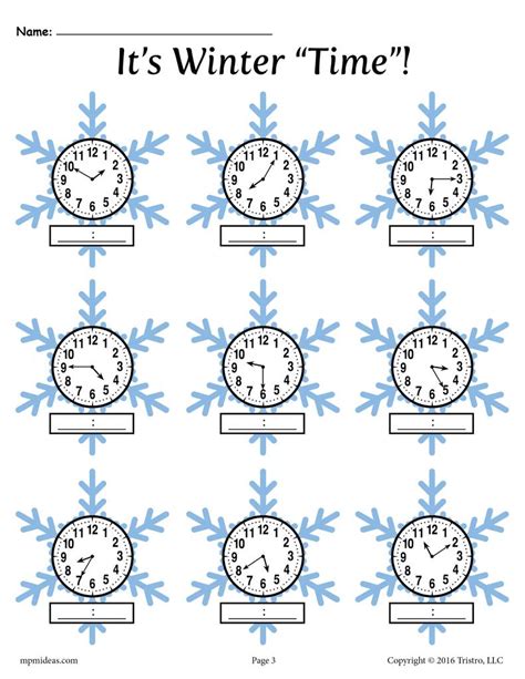 Winter Themed Telling Time Worksheets 4 Free Printable