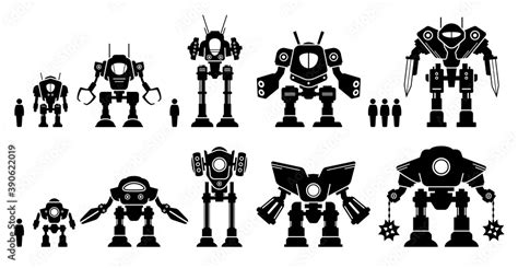 Vecteur Stock Giant Mecha Robot Or Battle Bot Set Collection Vector