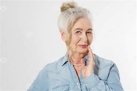 Closeup Of Smiling Senior Woman Wrinkle Face And Gray Hair Old Mature Lady Touching Her