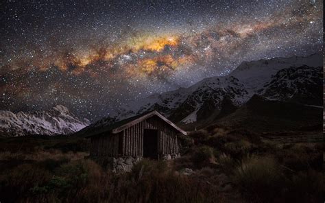 Nature Landscape Starry Night Hut Milky Way Snowy Peak Grass