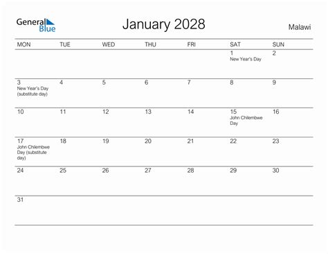 Printable January 2028 Monthly Calendar With Holidays For Malawi