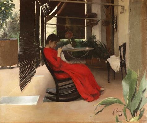 Sewing Woman Elisa Casas In A Red Dress Ramon Casas I Carbó 1889